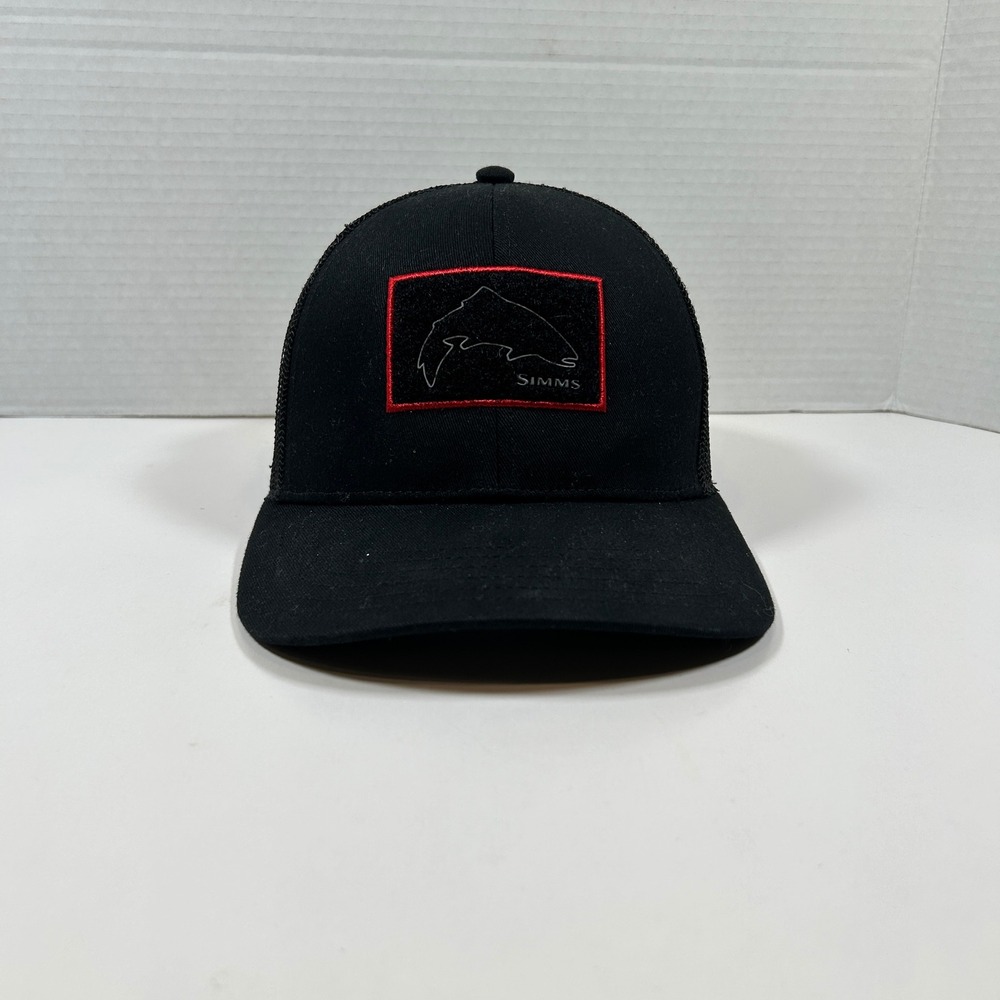 Simms Hat Black Fishing Trucker Logo Patch Snapback Mesh Cap